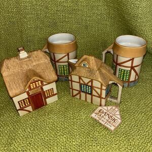 NWT Dansk Village Collection Cottage Porcelain 2 Mugs  Creamer And Sugar. No Tea